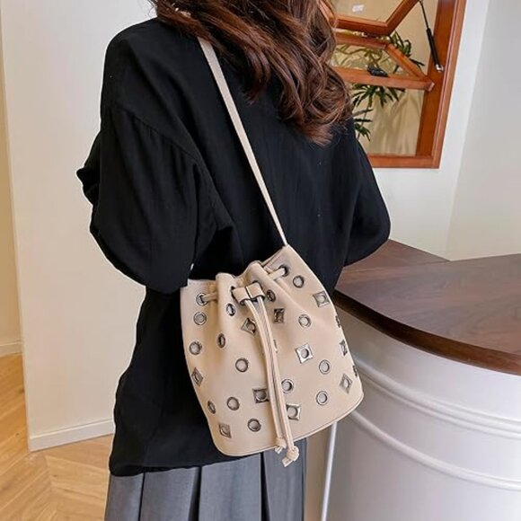 Neiman Marcus Khaki Studded Purse Mini PU Leather Shoulder Bag - Picture 2 of 7